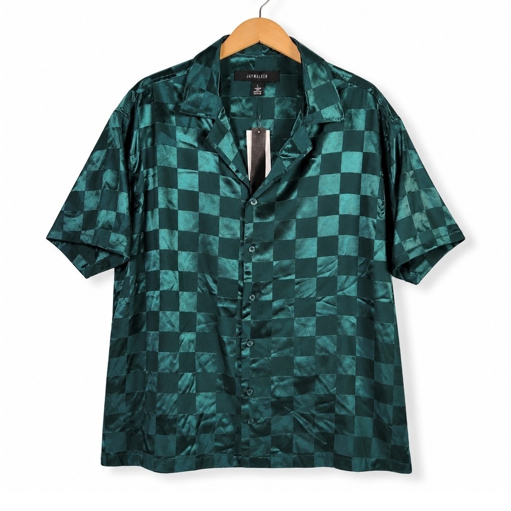 Jaywalker Button Up Shirt Mens Large Green Satin Checkered Short Sleeve Retro